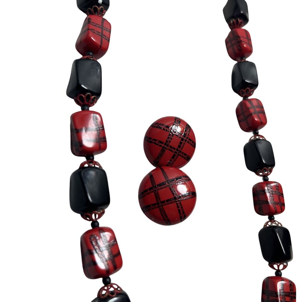 MOD 1960s Red Black Necklace Earrings Set Festival - Picture 2 of 3